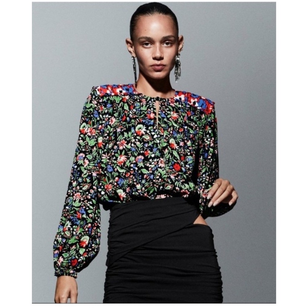 Zara Floral Blouse Womens Large Multicolor Keyhole Boho Long Sleeve
